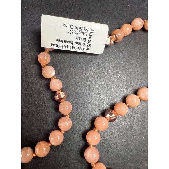 NEW Peach moonstone 30 inch knotted necklace with rose gold over bronze - Picture 2 of 11